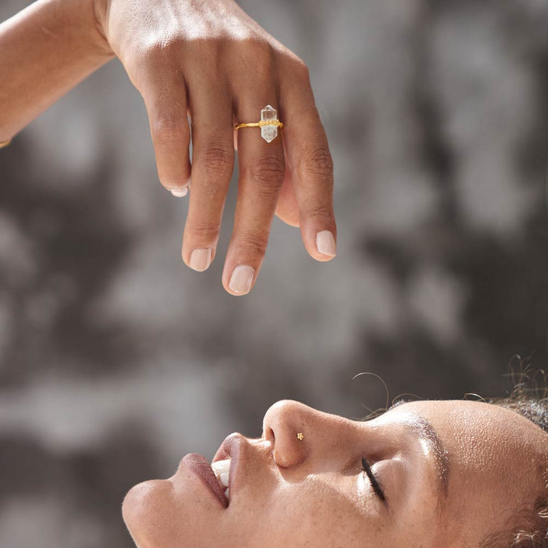 Beam Of Light Gold Ring with Crystal Quartz designed by Ananda Soul